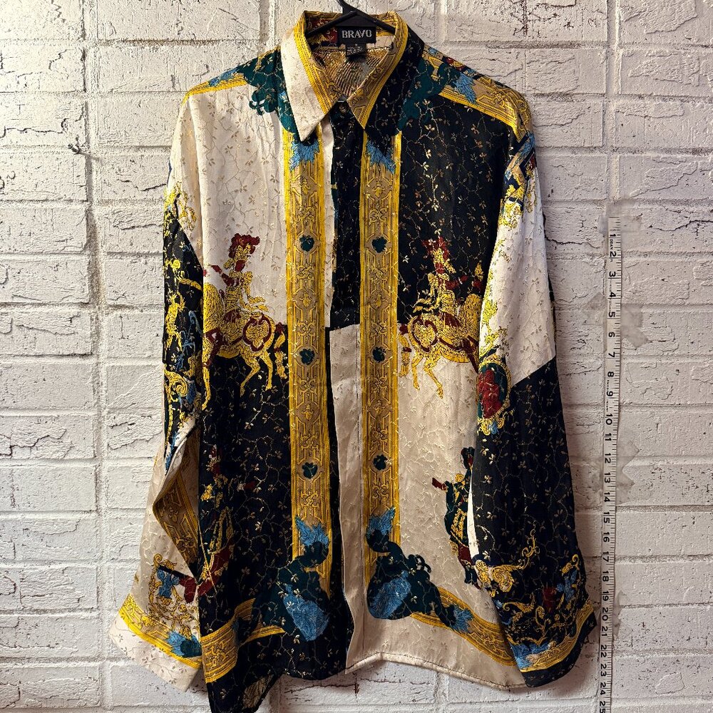 Bravo Metallic Silk Baroque Print Button-Down Shirt – Size M